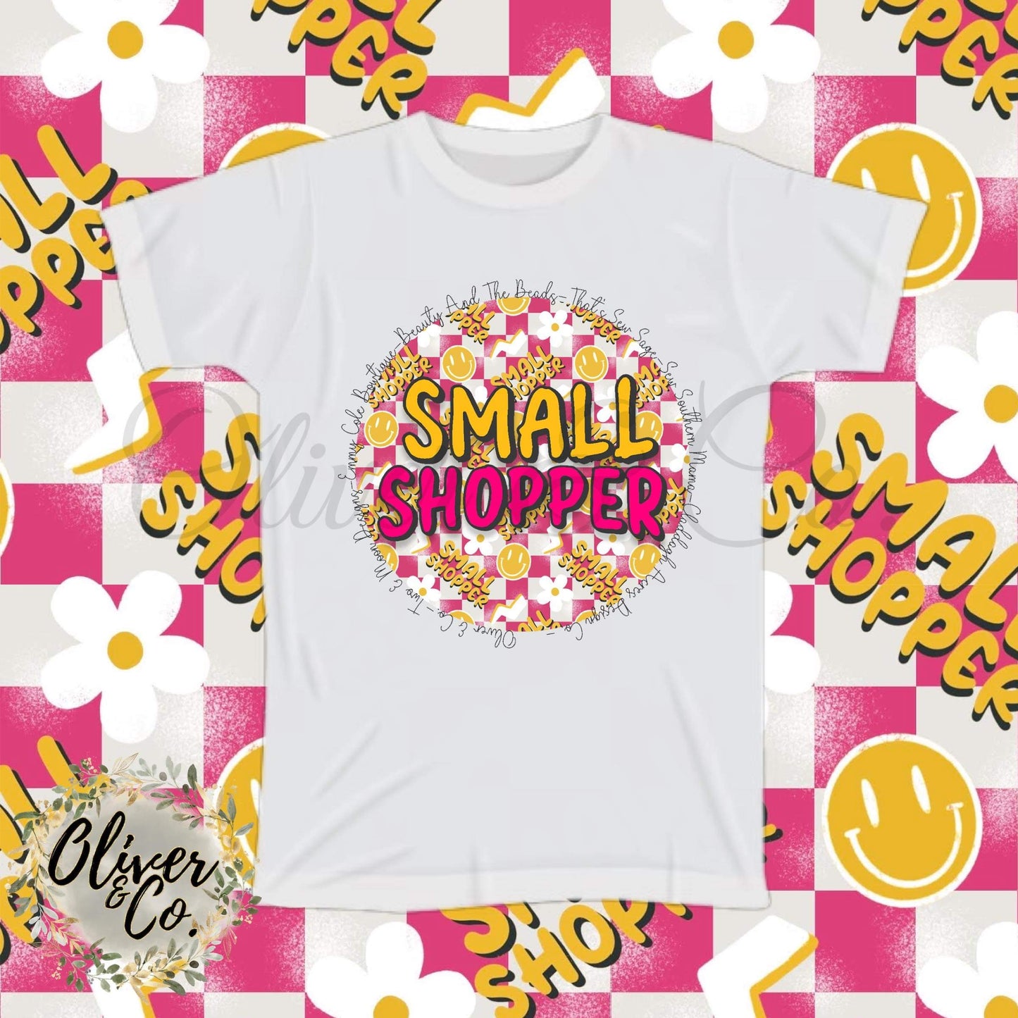 SMALL SHOPPER -- Pink & Yellow Checkerboard with Shop Names, Smiley Faces & Flowers