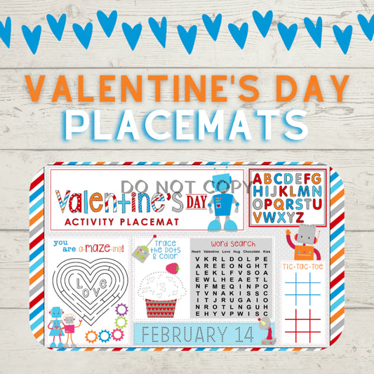 Valentine's Day Coloring Placemat - Blue Valentine's Day Placemat