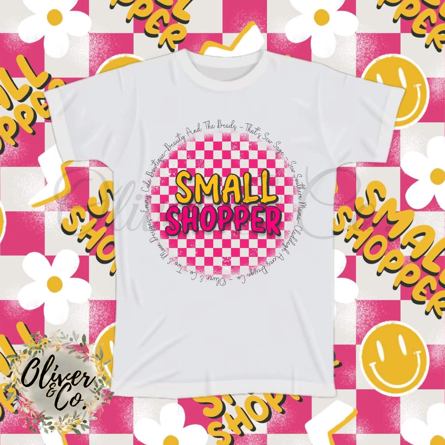 SMALL SHOPPER -- Pink & Yellow Checkerboard with Shop Names