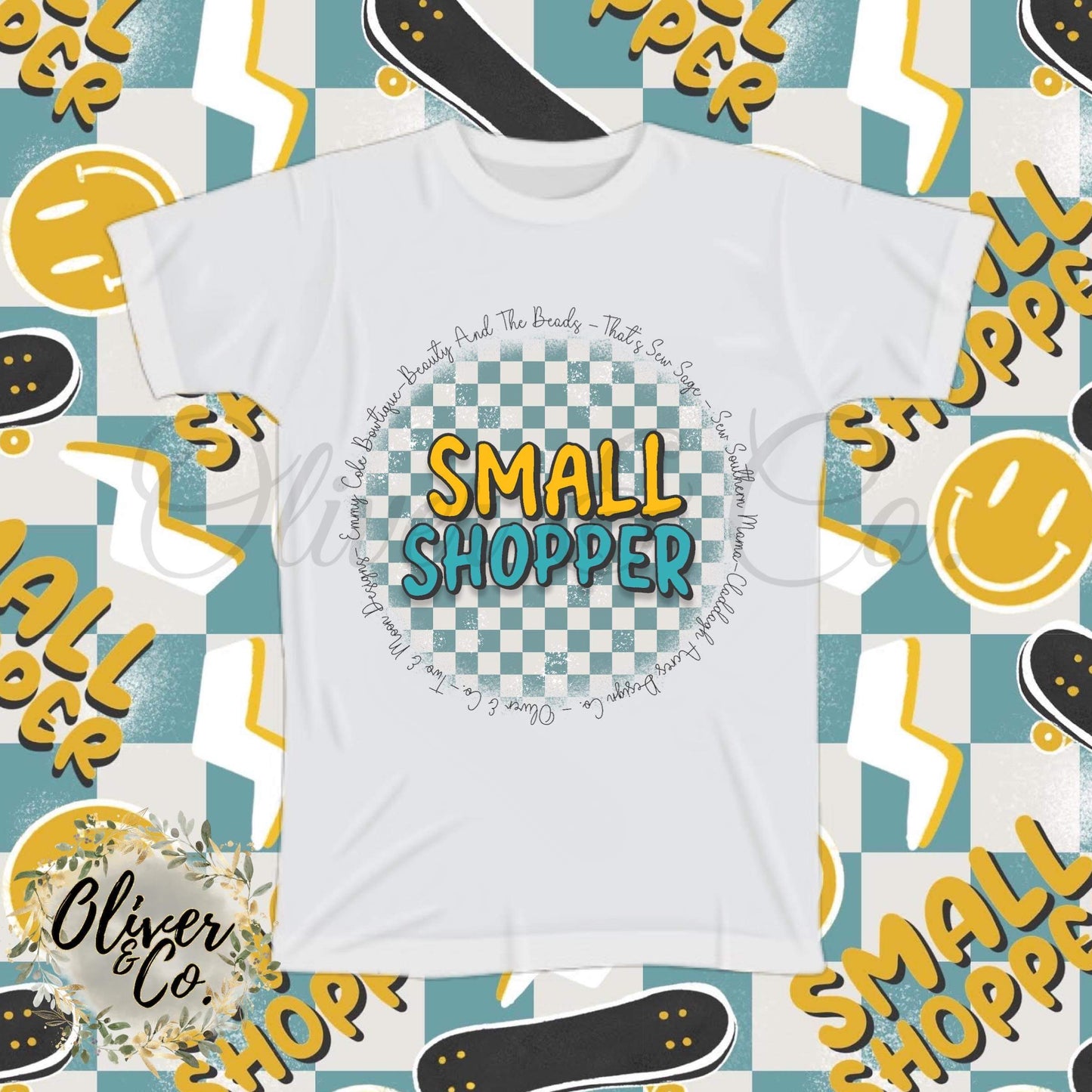 SMALL SHOPPER -- Blue & Yellow Checkerboard with Shop Names